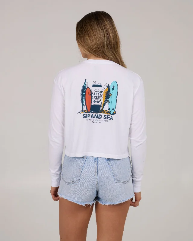 Sip & Sea Long Sleeve Crop Tee - White