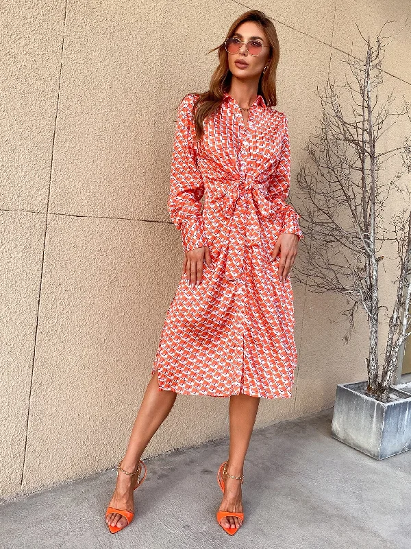 All Over Print Button Front Long Sleeve Collar Straight High Waist Midi Dress