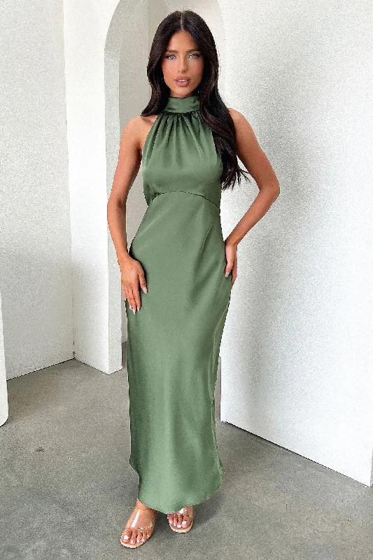 Daphne High Neck Maxi Dress - Olive