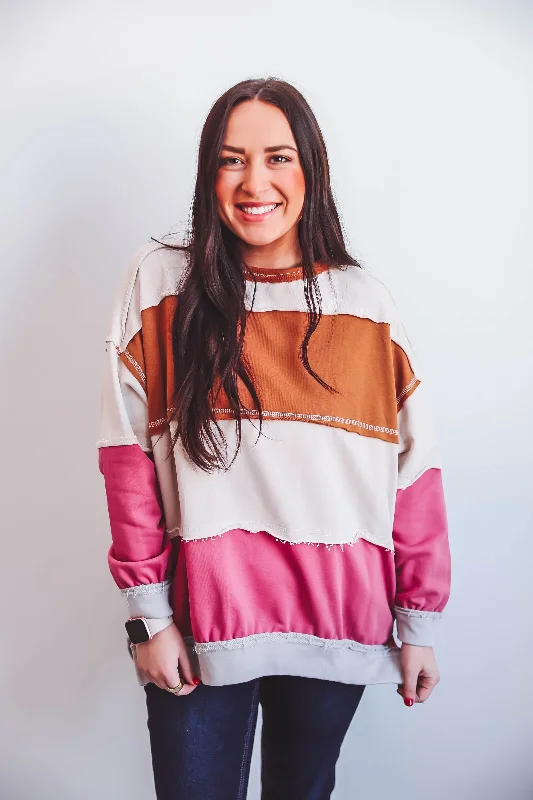 Ryleigh Color Block Pullover-Caramel/Pink