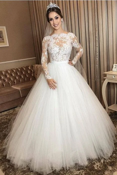 Ivory Tulle Wedding Gown Long Sleeves with Sheer Lace Bodice