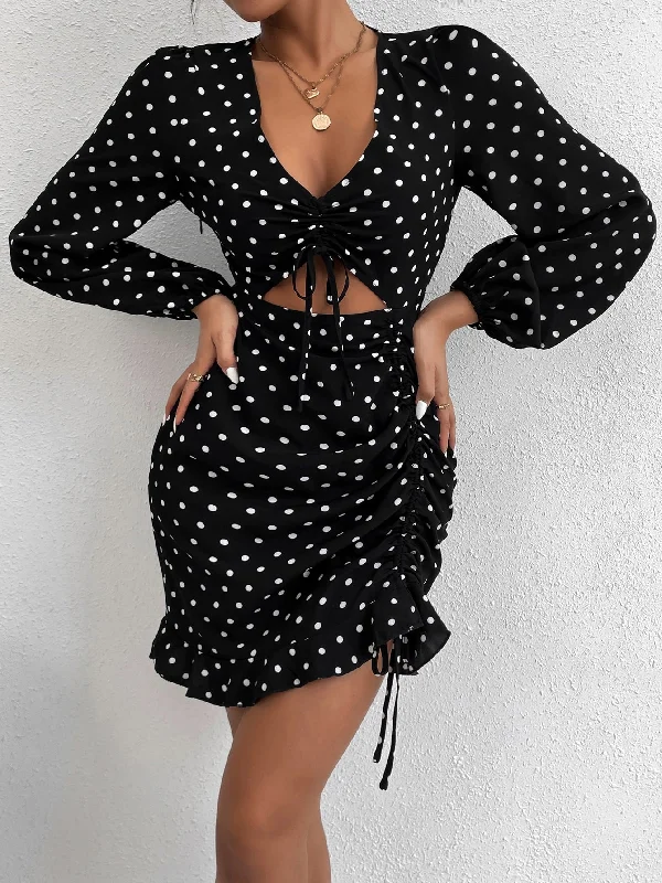 Polka Dot Drawstring Long Sleeve Deep V Neck Pencil High Waist Short Dress Stylish Women's Tropical  Stylish Women's Tropical 