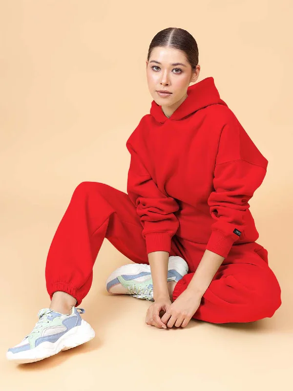 Fitkin Women Solid Red CozyCore Fleece Hoodie