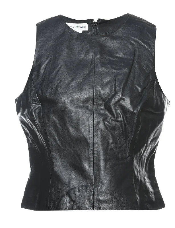 Black Sleeveless 1990s Leather Top - M