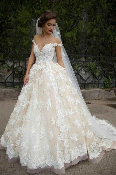 Cap Sleeves Lace Wedding Dress with Transparent Neckline