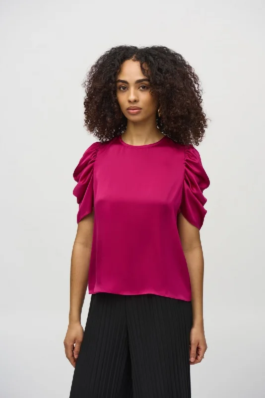 Joseph Ribkoff Rich Berry Crew Neck Shirred Sleeve Satin Top 244023