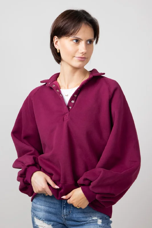 Snap Button Collared Fleece for Women in Burgundy | PT16060-BURGUNDY