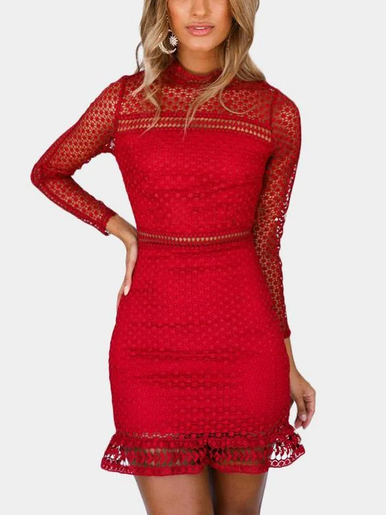 Wholesale Red Long Sleeve Lace Hollow Mini Dresses