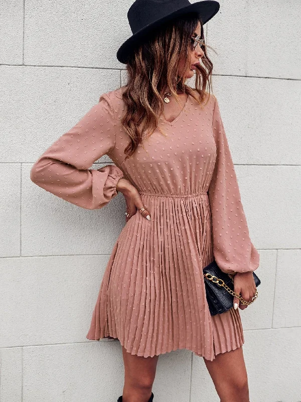 Plain Pleated Long Sleeve V Neck Pleated High Waist Short Dress