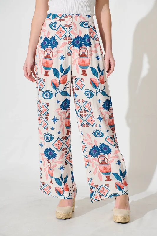 Frisco Pant In Cream With Multi Print With Ric Rac Trim