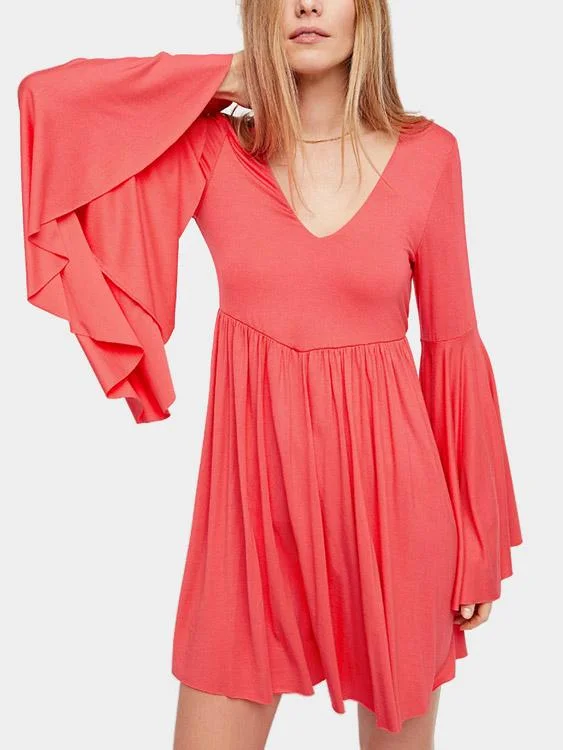 Wholesale V-Neck Long Sleeve Lace-Up Cut Out Ruffle Hem Pink Mini Dress