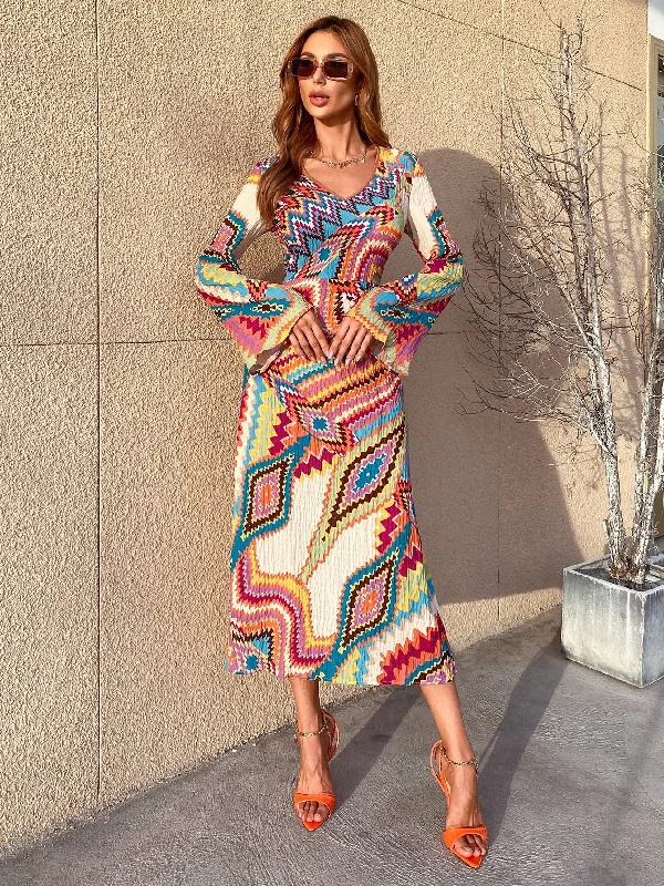 All Over Print Split Long Sleeve V Neck Slit High Waist Midi Dress