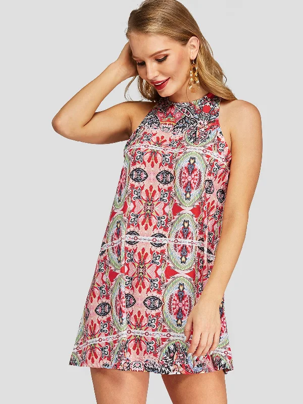 Wholesale Red Halter Sleeveless Tribal Print Mini Dresses