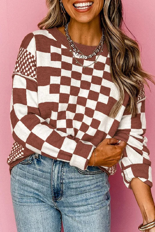 KaleaBoutique Checkered Print Drop Shoulder Round Neck Sweater