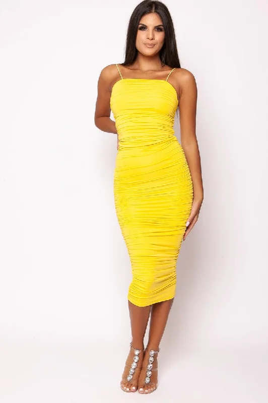 Gisella - Yellow Ruched Strappy Midi Dress