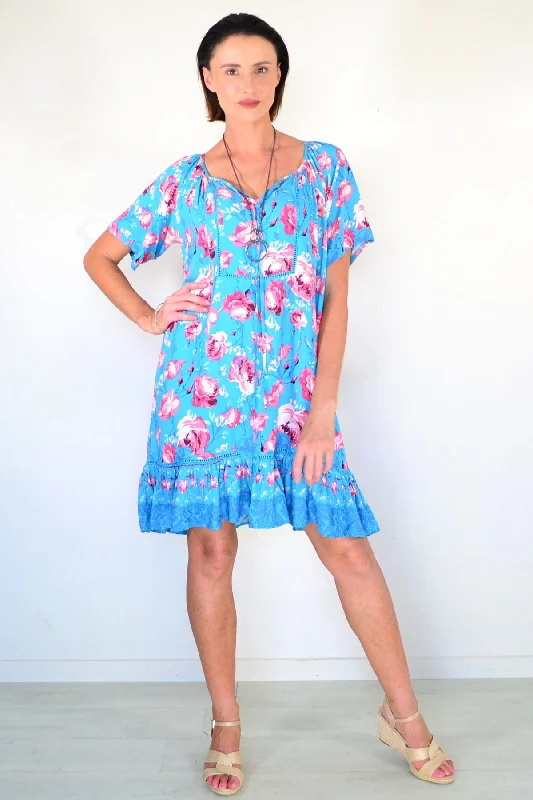 Turquoise Blue Floral Tunic Dress