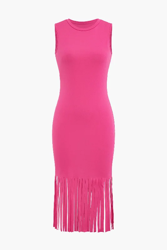 Fringe Hem Sleeveless Midi Dress