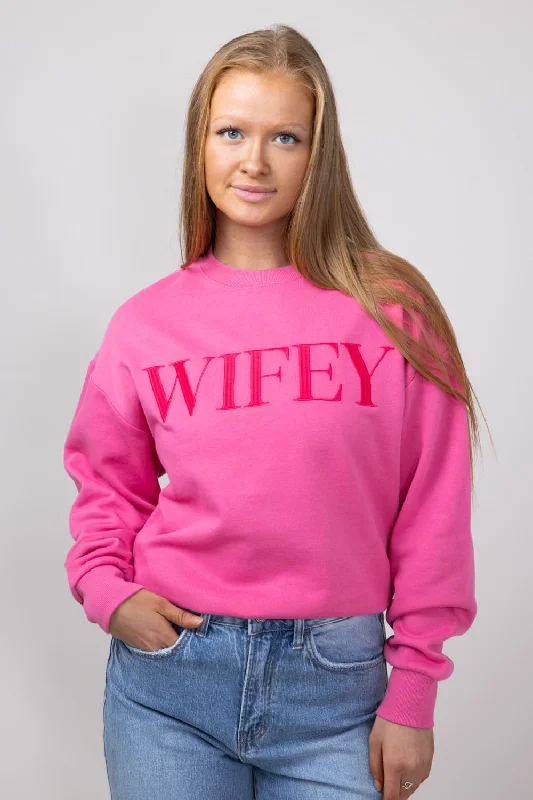 1897 Active Embroidered Wifey Fleece Sweatshirt for Women in Pink | GT078-BUBBLEGUM-WEB