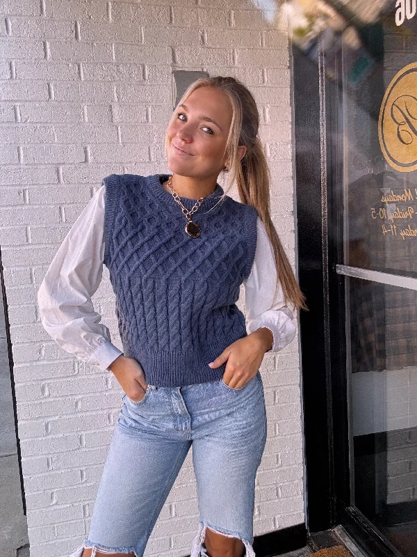 Dusty Blue Knit Woven Top Relaxed Women's  Relaxed Women's 