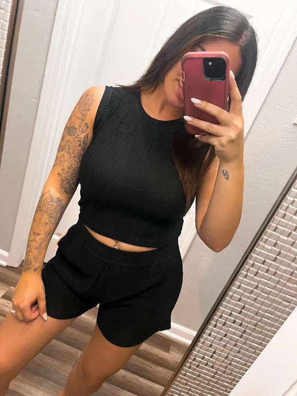 Crinkle Top and Shorts Set-Black Earthy Women's  Earthy Women's 